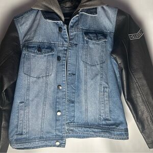 Diesel Light Blue Denim Jacket with Black Sleeves and Gray Hood Youth Size XL